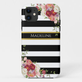 Black White Burgundy Floral Gold | Gestreept Case-Mate iPhone Case
