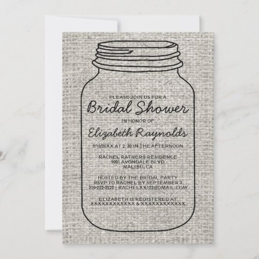 Black White Burlap Mason Jar Vrijgezellenfeest Inv Kaart (Voorkant)