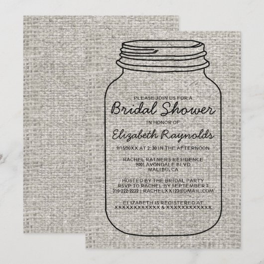 Black White Burlap Mason Jar Vrijgezellenfeest Inv Kaart (Voorkant / Achterkant)