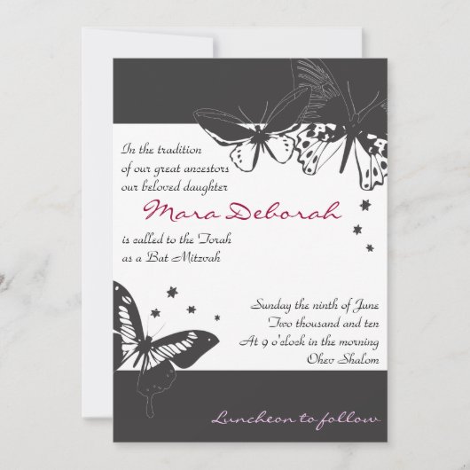 BLACK & WHITE BUTTERFLY Bat Mitzvah Invitation Kaart (Voorkant)