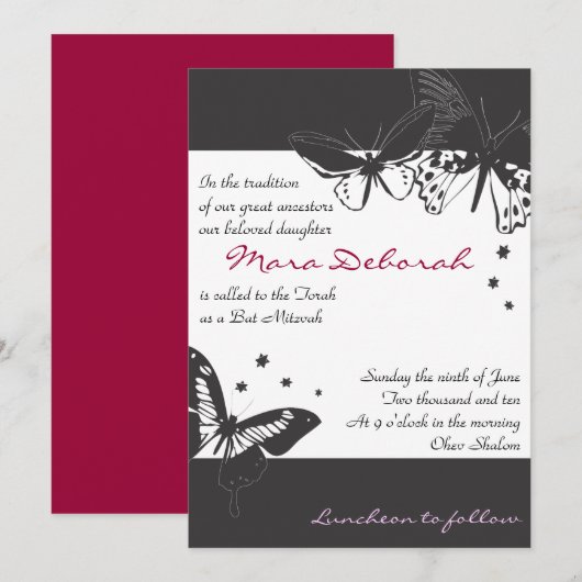 BLACK & WHITE BUTTERFLY Bat Mitzvah Invitation Kaart (Voorkant / Achterkant)
