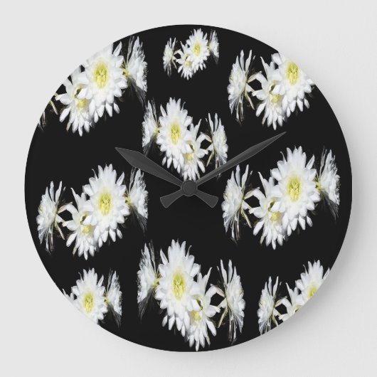 Black White Cacti Flower Pattern, Large Wall Clock Grote Klok (Voorkant)