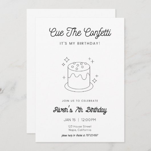 Black & White Cake Verjaardag Uitnodiging (Voorkant / Achterkant)