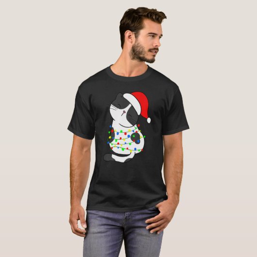 Black White Cat Christmas Tree Lights Santa Hat Ca T-shirt (Voorkant volledig)