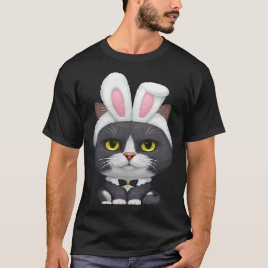 Black & White Cat in the Easter Bunny Costume T-shirt (Voorkant)