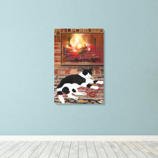 Black White Cat Lying front of Fireplace  Canvas Afdruk (Insitu (Houten vloer))