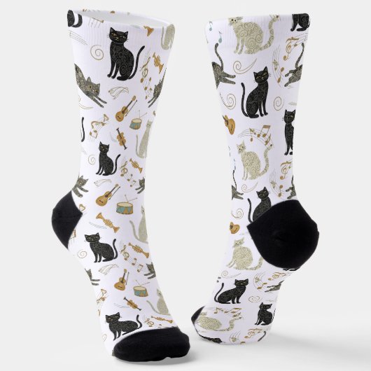 Black & White Cat Music Notes Socks Sokken (Gebogen)