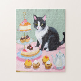 Black & White Cat, Tea and Pastries Jigsaw Puzzle Legpuzzel