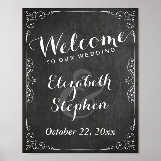 Black White Chalkboard Floral Wedding Sign Poster (Voorkant)