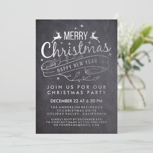 Black White Chalkboard Holly Merry Kerstparty Kaart (Staand voorkant)