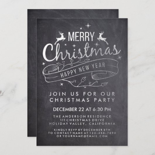 Black White Chalkboard Holly Merry Kerstparty Kaart (Voorkant / Achterkant)