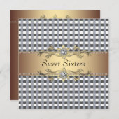 Black White Check Gold Sweet Sixteen Uitnodiging (Voorkant / Achterkant)