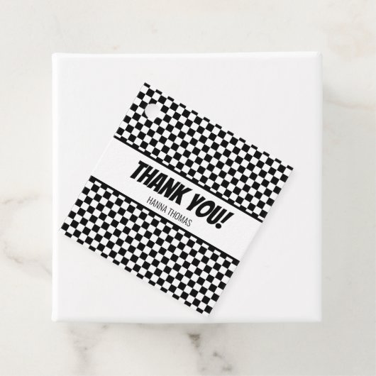 Black White Check Pattern Racing Theme Birthday Bedankjes Labels (In situ)