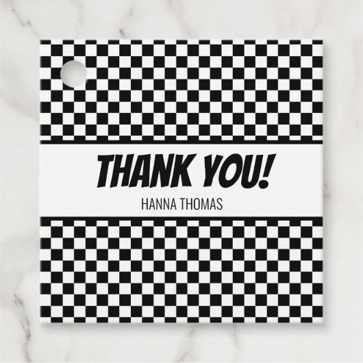 Black White Check Pattern Racing Theme Birthday Bedankjes Labels (Voorkant)