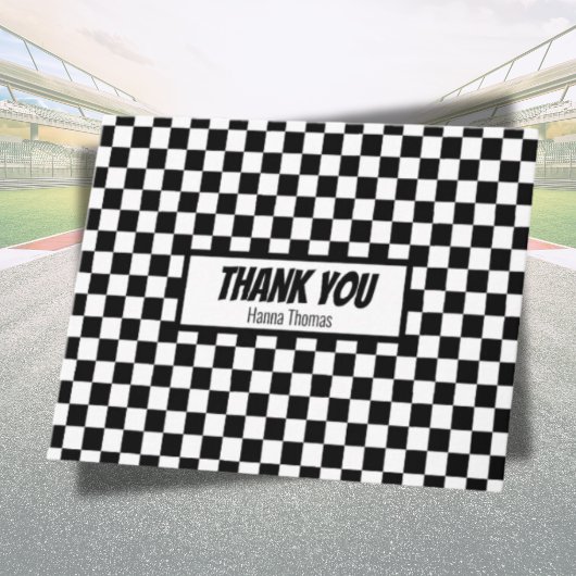Black White Check Pattern Racing Theme Birthday Bedankkaart