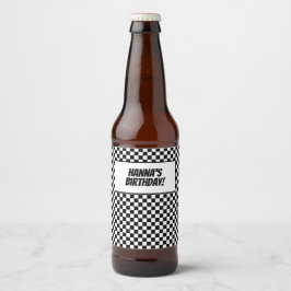 Black White Check Pattern Racing Theme Birthday Bier Etiket