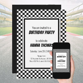 Black White Check Pattern Racing Theme Birthday Kaart