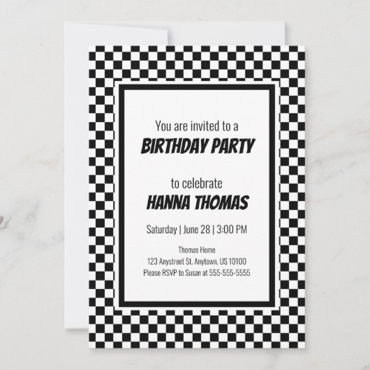 Black White Check Pattern Racing Theme Birthday Kaart (Voorkant)