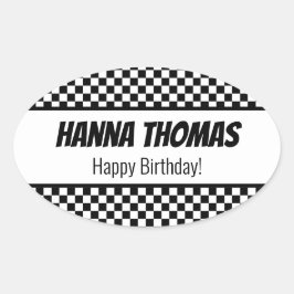 Black White Check Pattern Racing Theme Birthday Ovale Sticker