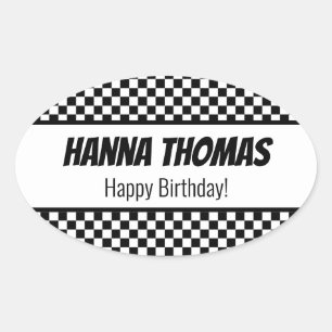 Black White Check Pattern Racing Theme Birthday Ovale Sticker