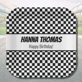 Black White Check Pattern Racing Theme Birthday Papieren Bordje