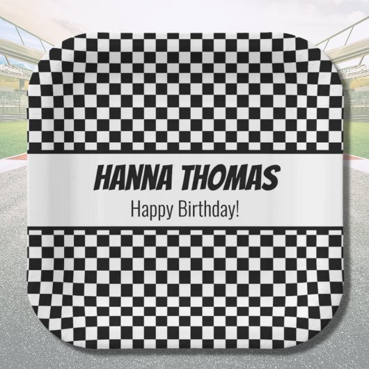 Black White Check Pattern Racing Theme Birthday Papieren Bordje
