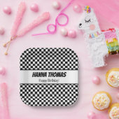 Black White Check Pattern Racing Theme Birthday Papieren Bordje (Feest)