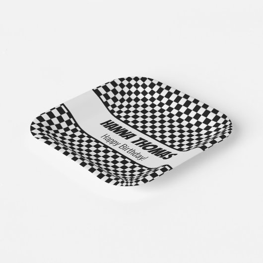 Black White Check Pattern Racing Theme Birthday Papieren Bordje (Gebogen)