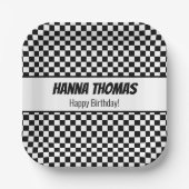 Black White Check Pattern Racing Theme Birthday Papieren Bordje (Voorkant)