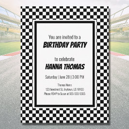 Black White Check Pattern Racing Theme Birthday Uitnodiging Briefkaart