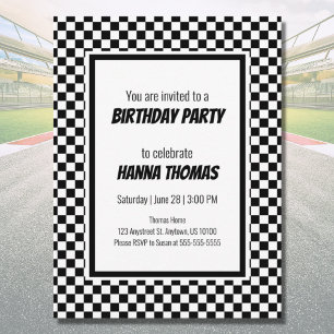 Black White Check Pattern Racing Theme Birthday Uitnodiging Briefkaart
