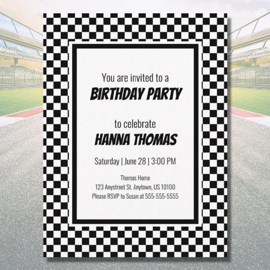 Black White Check Pattern Racing Theme Birthday Uitnodiging Briefkaart