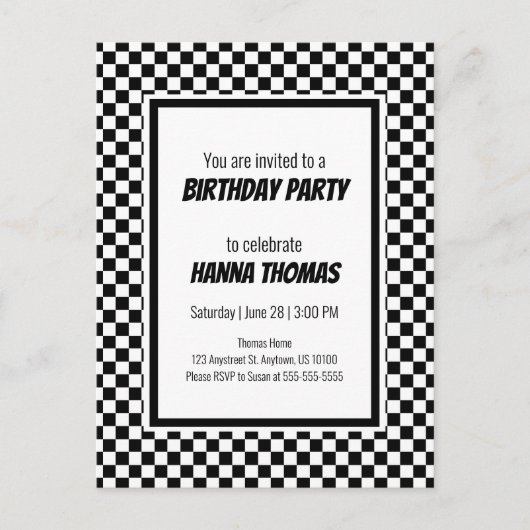 Black White Check Pattern Racing Theme Birthday Uitnodiging Briefkaart (Voorkant)