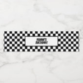 Black White Check Pattern Racing Theme Birthday Waterfles Etiket (Enkel label)