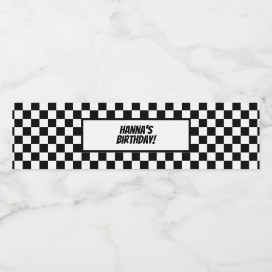 Black White Check Pattern Racing Theme Birthday Waterfles Etiket (Enkel label)