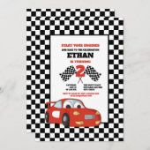 Black White Check Red Race Car 2e verjaardag Kaart (Voorkant / Achterkant)