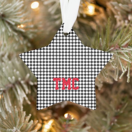Black White Check Sports Racing INITIALEN Red Star Ornament (Boom)