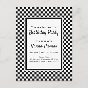 Black White Checkerboard Birthday Invitation Postc Uitnodiging Briefkaart