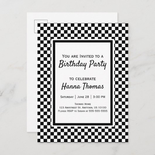 Black White Checkerboard Birthday Invitation Postc Uitnodiging Briefkaart (Voorkant / Achterkant)