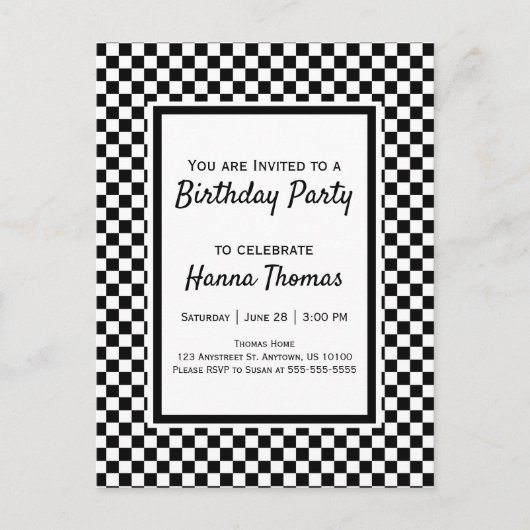 Black White Checkerboard Birthday Invitation Postc Uitnodiging Briefkaart (Voorkant)