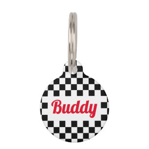 Black White Checkered Dog Puppy Cat Name Modern Huisdierpenning