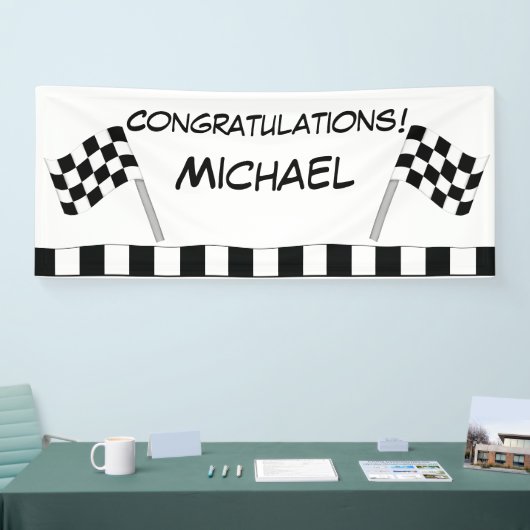 Black White Checkered Flag Race Gefeliciteerd Spandoek (Beurs)
