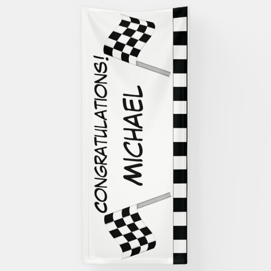 Black White Checkered Flag Race Gefeliciteerd Spandoek (Verticaal)