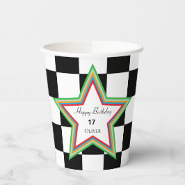 Black White Checkered Happy Birthday Paper Cups Papieren Bekers