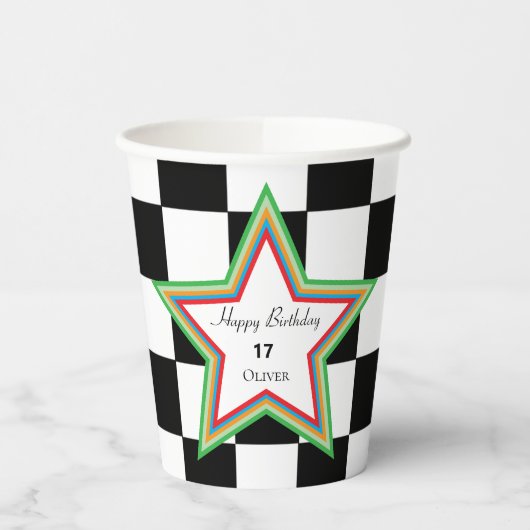 Black White Checkered Happy Birthday Paper Cups Papieren Bekers (Links)
