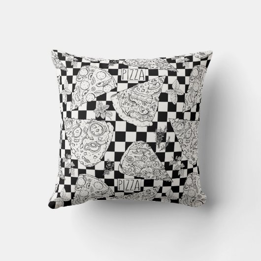 Black White Checkered Pizza Slices Herbs Sketch Kussen (Achterkant)