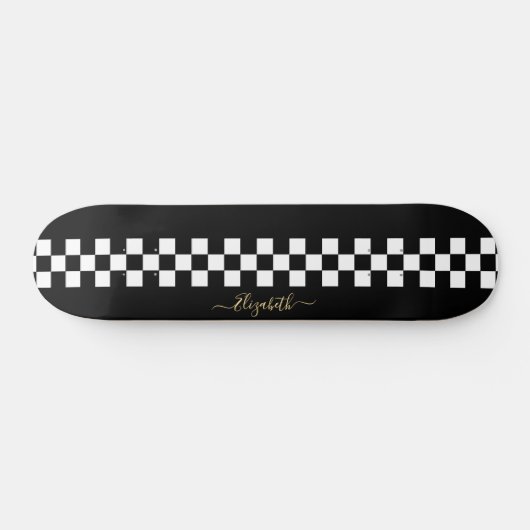 Black White Checkered Racing Flag Gold Monogram Persoonlijk Skateboard (Horizontaal)