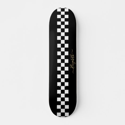 Black White Checkered Racing Flag Gold Monogram Persoonlijk Skateboard (Voorkant)