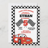 Black White Checkered Red Race Car Birthday Party Kaart (Voorkant)