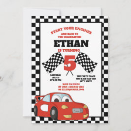 Black White Checkered Red Race Car Birthday Party Kaart